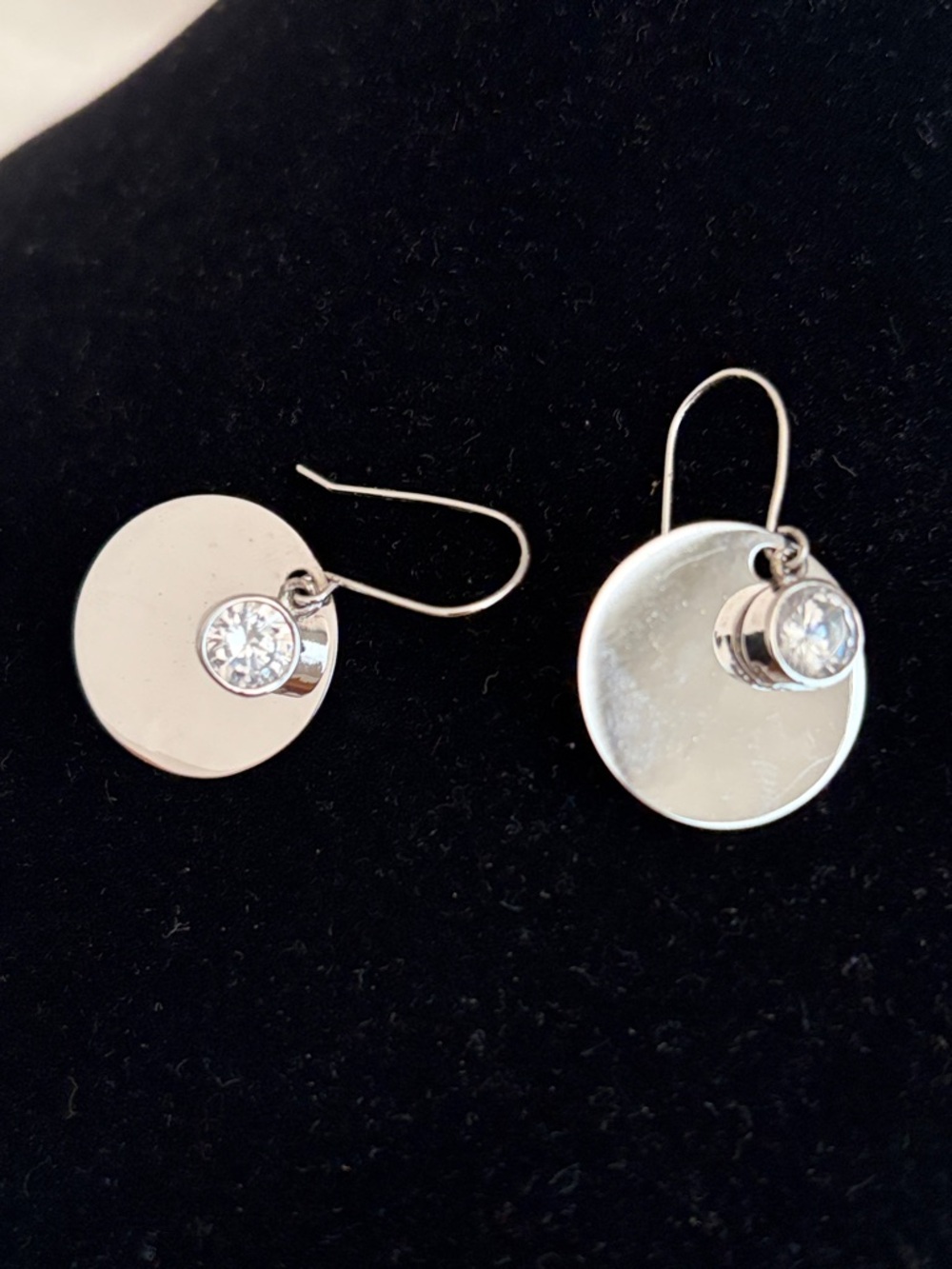 Silver Disc Drop Earrings with Crystal Accent
